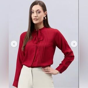 Express Deep Red Blouse with Bow Accent